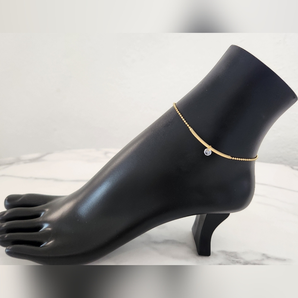 Simple Casual Style Gold Plated Beaded Anklet with Gemstone Drop